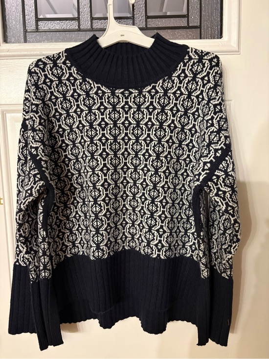 Free Assembly Sweaters - Navy and White Geometric Knit Turtleneck Sweater